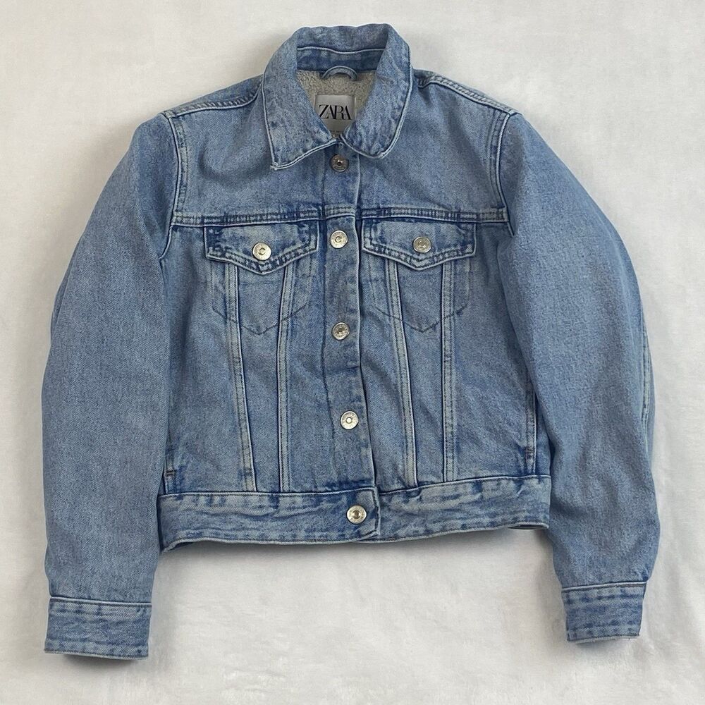 Zara Jean Jacket Youth Girls Small Blue Sherpa Lined Button Pockets Denim Casual
